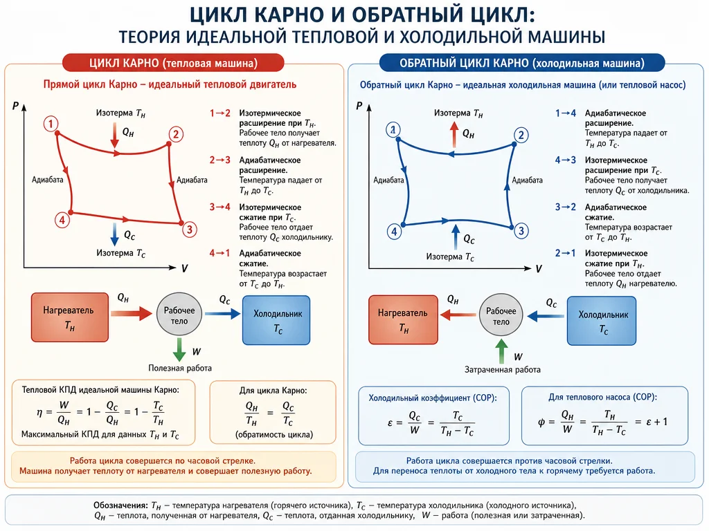 Цикл Карно и обратный цикл: теория идеальной тепловой и холодильной машины