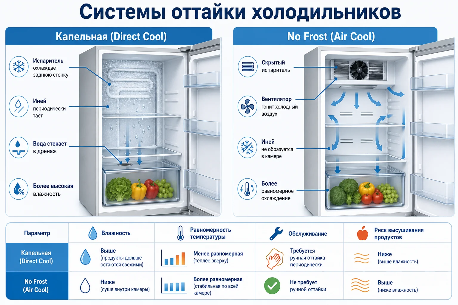 Системы оттайки холодильников: капельная (Direct Cool) и No Frost (Air Cool)