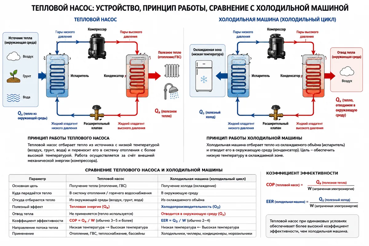 Тепловой насос: устройство, принцип работы, сравнение с холодильной машиной